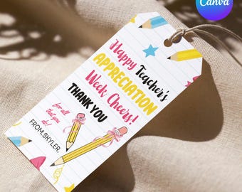 Etiqueta de regalo imprimible para la Semana de Agradecimiento al Maestro. Etiqueta de regalo para útiles escolares de agradecimiento al maestro. Descarga instantánea. Plantilla editable en Canva.