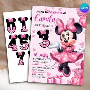 May include: A pink birthday invitation featuring Minnie Mouse in a polka dot dress, the text Join Us To CELEBRATE AS Camila IS TURNING 3, 16 AUG, and event details. A separate white sheet displays black and pink polka dot numbers 0, 1, 4, 5, 7, 8.