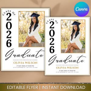 May include: Two graduation announcement flyers with a photo of a graduate in a cap and gown. The flyers have the text "Class of 2026 Graduate" and event details. The Canva logo is in the upper right corner.