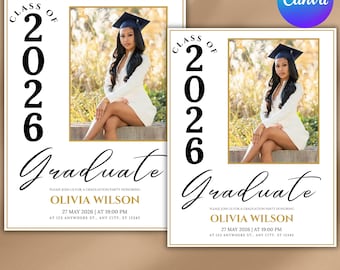 High School Graduation Announcement Template with Photo, Class of 2026 Wildflower Graduation Card Editable Download, Minimalist Graduation