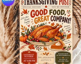 Inbjudan till Thanksgiving-middag, inbjudan till kalkonmiddag, inbjudan till höstens vänskapsfest, redigerbar Canvas-mall