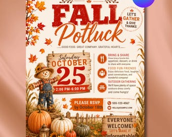 Plantilla editable de folleto para comida compartida de otoño, invitación a fiesta de otoño, invitación a cena de Acción de Gracias con amigos, cartel para comida compartida de Acción de Gracias, imprimible en Canva