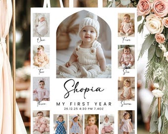 1歳の誕生日ウェルカムサインポスター、編集可能なマイルストーンボード、ミニマルな1歳の誕生日写真サイン、赤ちゃんの1年目、Canvaテンプレートを使ったDIY