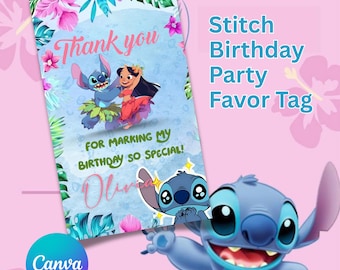 Stitch Birthday Thank You Tags: Editable Party Favor Stickers, Stitch Party Favor Tags, Customizable Stitch Theme Thank You Tag Template