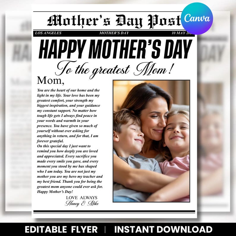 mom newspaper gift, mothers day news, editable newspaper, mothers day times, diy mothers day card, photo gift for mom,flower bouquet wrap, custom newspaper mom, worlds best mom card, gift from daughter, newspaper template, gift for her digital
Mother’s Day newspaper template
Printable Mother Day gift
Custom Mom newspaper
Printable photo gift for Mom
Mother’s Day printable
Newspaper-style template
Canva editable template
Personalized gift for Mom
Customizable newspaper gift
DIY Mother’s Day gift