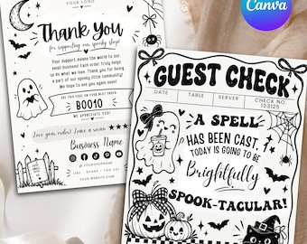 Halloween tackkort, mall för gästcheck, redigerbar Canva-inlaga för småföretag, läskigt förpackningskort, utskrivbar direktnedladdning