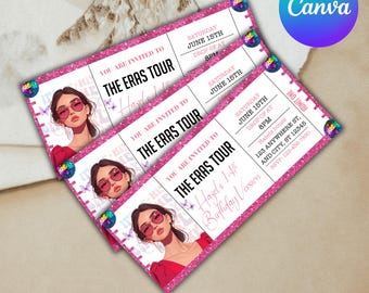 Modèle de billet de concert modifiable, surprise d'anniversaire (téléchargement numérique canva)
