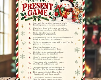 Juego navideño de pasar el regalo, juego imprimible para fiestas navideñas, actividad de intercambio de regalos de Navidad, juego de izquierda a derecha, descarga instantánea.