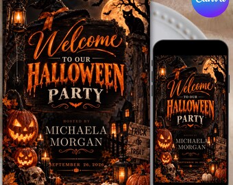 Mall för Halloween-festinbjudan, läskig Halloween-inbjudan, redigerbar Canvas Halloween-inbjudan, inbjudan till Halloween-fest för vuxna