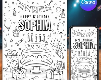Happy Birthday Coloring Card, Coloring Greeting Card for Kids, Birthday invitations, Instant Download Template, Digital Card Canva Editable