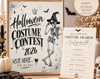 Skylt för Halloween-kostymtävling, mall för omröstning av kostymutmärkelser, redigerbar Canvas Halloween-festspel, utskrivbar direktnedladdning