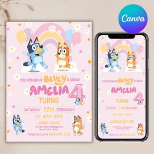 May include: A pink Bluey-themed birthday invitation with a rainbow, balloons, and daisy accents. The text reads "Amelia turns 4" and includes the date, time, and location of the party. The invitation is on a phone screen.