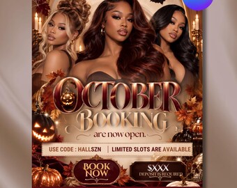 Bokningsflyer för oktober, mall för bokningsflyer för Halloween, Canva-mall för tider för hårfransar och nagelsalong, flygblad för Halloween-evenemang, gör-det-själv-Canva