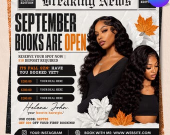 Folleto de reservas de otoño/septiembre, Folleto de apertura de reservas de septiembre, Plantilla de Canva para cabello, pestañas y uñas, Texto personalizable, Descarga instantánea, Editable en Canva