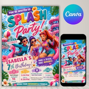 May include: A digital invitation for Isabella's 7th birthday splash party featuring three characters in swimwear, a pink flamingo float, and beach balls. The text includes event details for Saturday, August 16, 2026, at Island Splash Water Park.