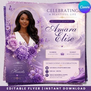 Puede incluir: Una plantilla de folleto funerario morado con el retrato de una mujer, arreglos florales y el texto Celebrating a Beautiful Life, In Loving Memory of Amara Elise, Sunrise 14 August 1992, Sunset 08 September 2026 y Homegoing Celebration.