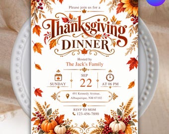 Inbjudan till Thanksgiving-middag, redigerbar Canva-mall, Friendsgiving-inbjudan, höstmiddagsbjudning för familjen, redigerbar Canva