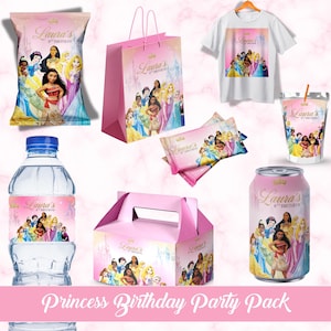 May include: A selection of pink princess-themed party items, including a bag, candy wrappers, a water bottle, a box, a can, a cup, a t-shirt, and a snack bag. Each item displays princess illustrations and the text "Laura's 8th Birthday".