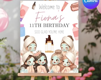 Printed Spa Birthday Party Welcome Sign Girls Pink Bow Pamper Foamboard Glam Birthday Theme Makeup Custom Party Sign Personalized Poster