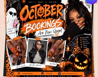 Mall för bokningsflyer för oktober, flygblad för Halloween-nagelteknik, Canva-mall för läskig skönhetssalong, redigerbar bokningskampanj, direktnedladdning