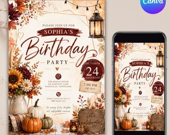 Plantilla editable de invitación de cumpleaños de otoño / Invitación para fiesta de cumpleaños con calabaza de otoño (Descarga digital)