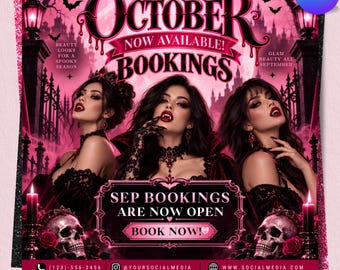Bokningsflyer för oktober, mall för bokningsflyer för Halloween, Canva-mall för tider för hårfransar och nagelsalong, flygblad för Halloween-evenemang, gör-det-själv-Canva