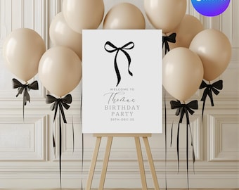 Black bow birthday welcome sign template any age, coquette black bow welcome sign, printable minimalist black ribbon birthday sign, Canva