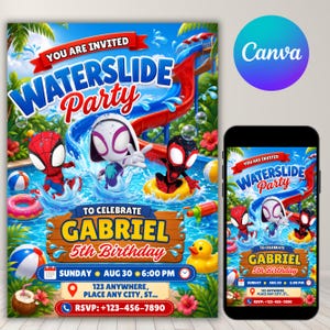 May include: A digital invitation for a Waterslide Party featuring cartoon superheroes in a pool with a red slide. Text includes YOU ARE INVITED, WATERSLIDE PARTY, TO CELEBRATE GABRIEL 5th Birthday, Sunday Aug 30 6:00 PM, 123 Anywhere, and RSVP +123-456-7890.