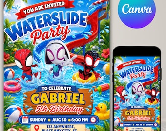 Invitación editable para fiesta en la piscina de Spidey, invitación para fiesta acuática de Spidey, Spidey y sus increíbles amigos, plantilla editable de Canva
