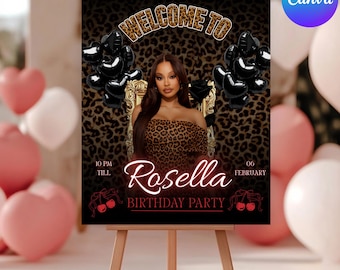 Cheetah Print Birthday Welcome Sign, Birthday Invitation, Leopard Cherry Party Poster, Printable Template, Instant Download, Canva Editable