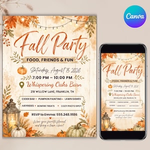 May include: A digital invitation for a Fall Party featuring orange text, string lights, and autumn foliage. Details include Saturday, August 15 2026, 7:00 PM to 10:00 PM at Whispering Oaks Barn, 218 Willow Lane, Franklin, TN, with activities listed.