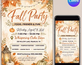 Invitación para fiesta de otoño, invitación para fiesta de la cosecha de otoño, folleto rústico para fogata de calabazas, plantilla editable de Canva, descarga instantánea.