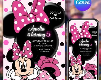 Editable Minnie Mouse Birthday Invitation, Minnie Mouse Birthday, 1st Birthday, Mouse Birthday Invite, Girls minnie invitation, DIY in Canva