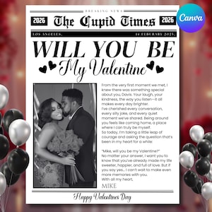 Will You Be My Valentine newspaper template, personalized Valentine template, Galentine’s Day newspaper, Valentine gift, DIY Canva editable, customizable newspaper style, perfect for Valentine's Day gift, unique and fun Galentine's day template, easy-to-edit Canva template, special Valentine's Day gift idea, personalized newspaper design, creative way to ask 'Will You Be My Valentine?', digital printable, perfect for gifting, customizable text, romantic newspaper layout, editable love-themed.