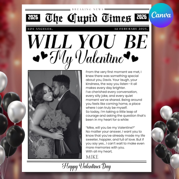 Will You Be My Valentine Newspaper Template, Personalized Valentine template, Galantines Day Newspaper, Valentine Gift, DIY Canva Editable