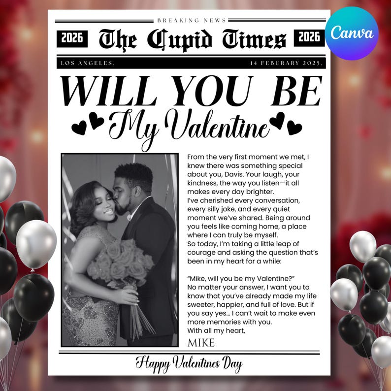 Will You Be My Valentine newspaper template, personalized Valentine template, Galentine’s Day newspaper, Valentine gift, DIY Canva editable, customizable newspaper style, perfect for Valentine's Day gift, unique and fun Galentine's day template, easy-to-edit Canva template, special Valentine's Day gift idea, personalized newspaper design, creative way to ask 'Will You Be My Valentine?', digital printable, perfect for gifting, customizable text, romantic newspaper layout, editable love-themed.