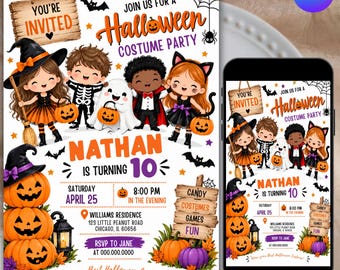 Mall för Halloween-födelsedagsinbjudan, inbjudan till barnens kostymfest, Halloween-födelsedagsinbjudan, redigerbar Canvas-mall, direktnedladdning