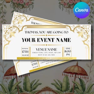 Puede incluir: Dos entradas para eventos con bordes decorativos dorados y blancos. Las entradas dicen "Thomas, Vas a Tu Nombre de Evento" con detalles del evento, incluyendo fecha, hora e información del lugar. El fondo presenta diseños florales y de paraguas.