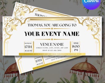 Modello di biglietto per evento dorato stampabile, invito personalizzato (Canva)