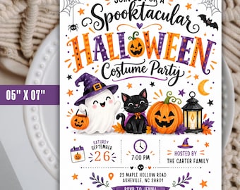 Inbjudan till Halloween-kostymfest, redigerbar Canvas Halloween-inbjudan, mall för läskig fest, Halloween-födelsedagsinbjudan för barn, direktnedladdning