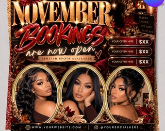 Bokningsflyer för november, bokningsflyer för höstskönhet, flygblad för Thanksgiving-salong, hårfransar, nagelflätor, MUA-peruk, redigerbar Canvas