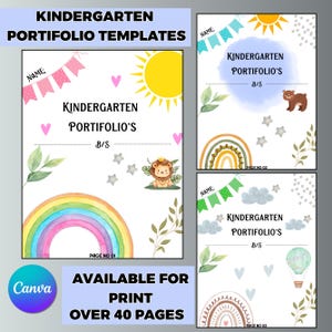 Op de afbeelding: Kleutermap-sjablonen met kleurrijke illustraties. De ontwerpen omvatten regenbogen, zonnen, sterren en een leeuw. De tekst luidt "Kindergarten Portfolio's" en "Beschikbaar om af te drukken op meer dan 40 pagina's."