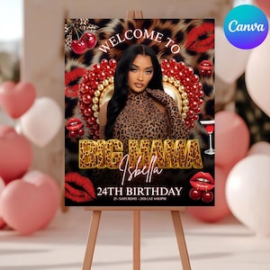 May include: A party sign on an easel with the text "WELCOME TO BIG MAMA Isbella 24TH BIRTHDAY". The sign features a woman in a leopard print outfit, red lips, cherries, and a glass of wine. The background has a leopard print design.