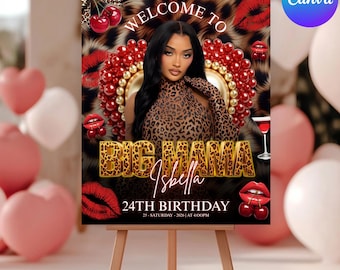 May include: A party sign on an easel with the text "WELCOME TO BIG MAMA Isbella 24TH BIRTHDAY". The sign features a woman in a leopard print outfit, red lips, cherries, and a glass of wine. The background has a leopard print design.