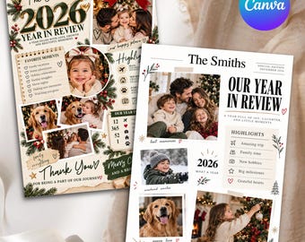Tarjeta navideña con resumen del año, boletín informativo con fotos familiares, tarjeta navideña editable en Canva, plantilla de collage navideño, descarga digital.
