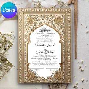 May include: A gold and white wedding invitation with ornate floral and geometric designs. The invitation includes text in Arabic and English, with the names Umair Jawed and Erum Fatima. The date is September 12, 2025.