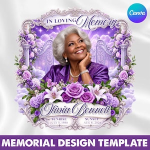 May include: A memorial design template featuring a portrait of an older person in a purple blazer, framed by ornate silver borders, purple roses, and lilies. Text reads: In Loving Memory, Olivia Bennett, Sunrise July 5, 1988, Sunset Aug 8, 2026.