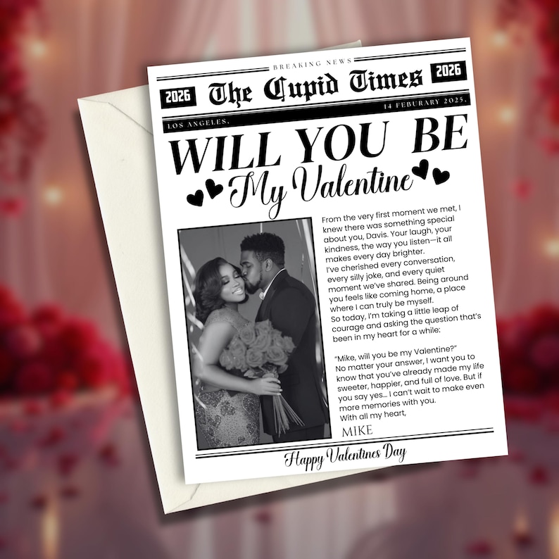 Will You Be My Valentine newspaper template, personalized Valentine template, Galentine’s Day newspaper, Valentine gift, DIY Canva editable, customizable newspaper style, perfect for Valentine's Day gift, unique and fun Galentine's day template, easy-to-edit Canva template, special Valentine's Day gift idea, personalized newspaper design, creative way to ask 'Will You Be My Valentine?', digital printable, perfect for gifting, customizable text, romantic newspaper layout, editable love-themed.