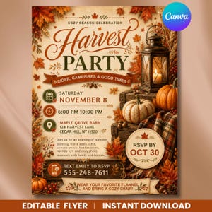 Peut inclure: Un dépliant pour une fête des récoltes avec des feuilles d'automne, une lanterne et des citrouilles. Le texte indique : Cozy Season Celebration, Harvest Party, Cider, Campfires & Good Times, samedi 8 novembre, 18h-22h, Maple Grove Barn, 128 Harvest Lane.