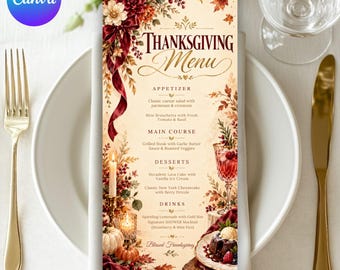 May include: A vertical Thanksgiving menu card featuring a cream background with deep red floral accents, autumn leaves, and a dark red ribbon. The text lists appetizers, main courses, desserts, and drinks, accompanied by illustrations of candles, pumpkins, and a dessert plate.